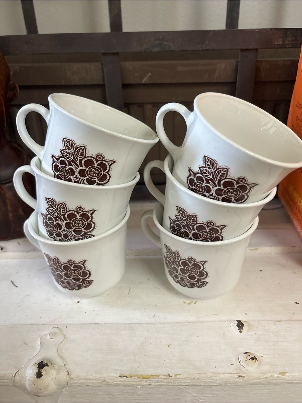 Corelle White Mugs with Brown Floral Design - Set of 6